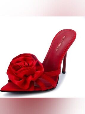 Luxe Red Satin Rose-Embellished Stiletto Mule